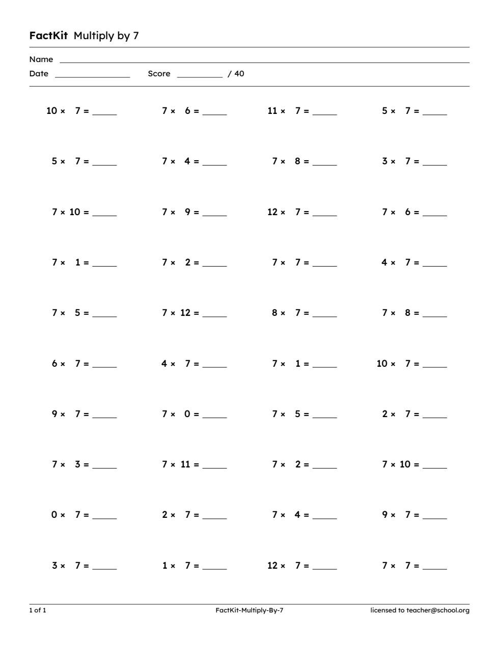 Sample FactKit page: Multiply by 7, forty facts, US Letter
